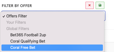 Screenshot of Outplayed's Oddsmatching software offers filter with "Coral Free Bet" selected