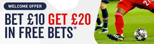 Bookie advert for an offer to bet £10 and get £20 in free bets