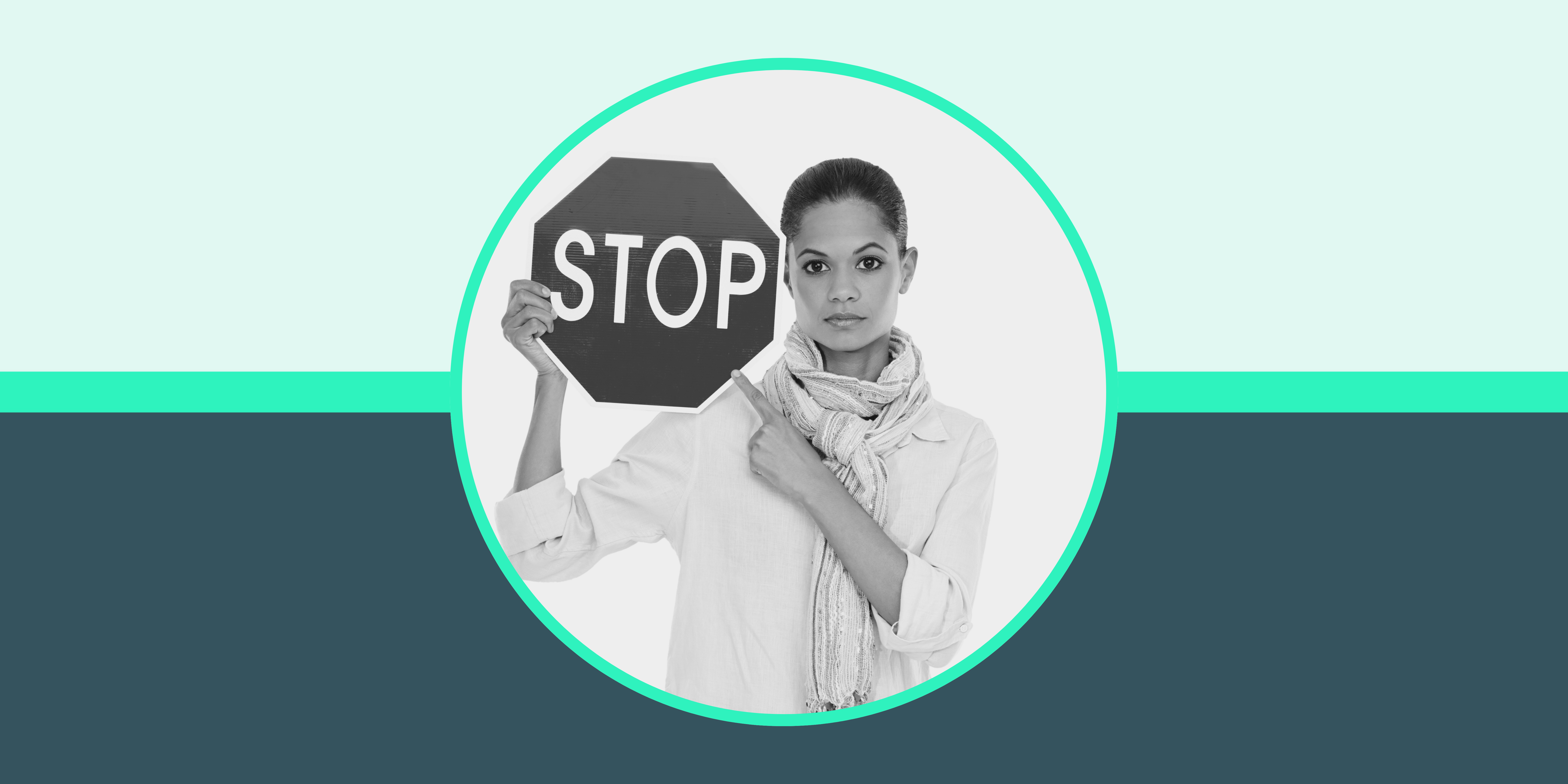 A woman holds up and points to a stop sign to discourage irresponsible gambling