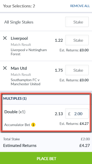 Screenshot of a double bet example