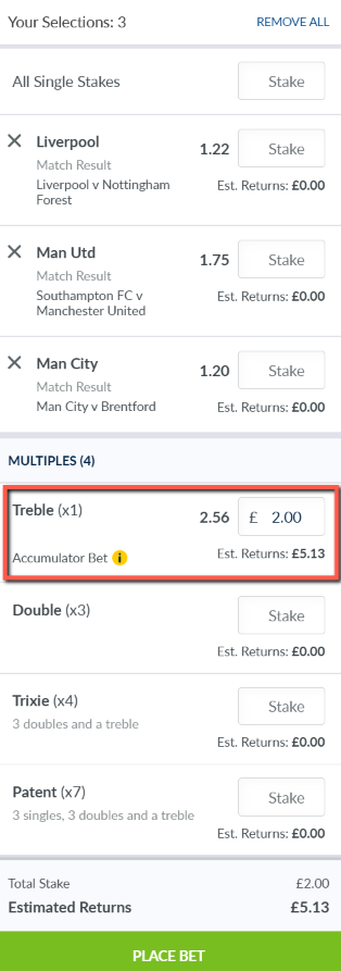 Screenshot example of a treble bet in a bet slip