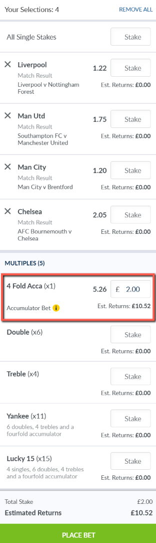 Screenshot example of a 4 fold acca bet