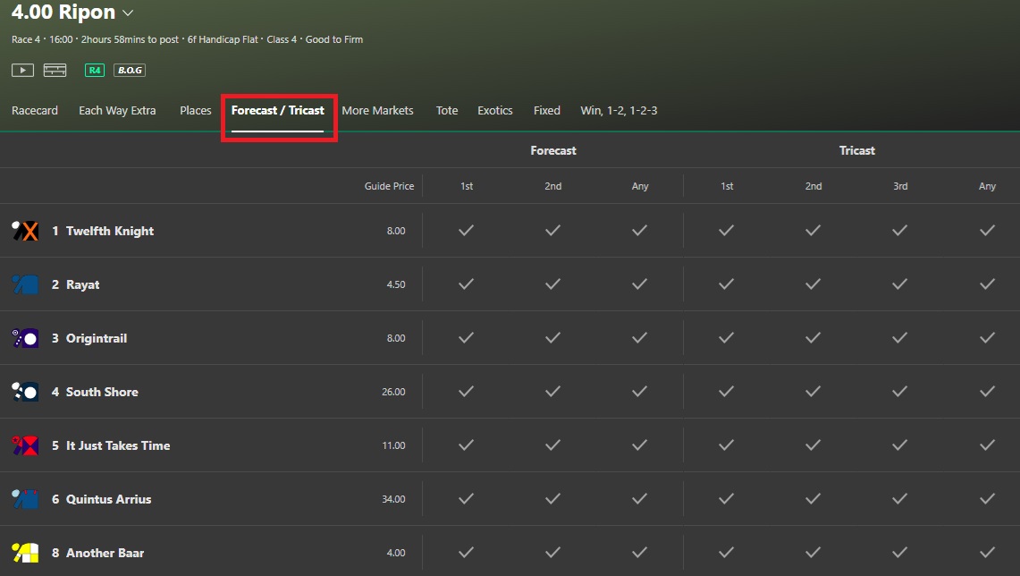 Bet365 4pm racecard at ripon with a highlighted red rectangle showing where the tricast bet option is