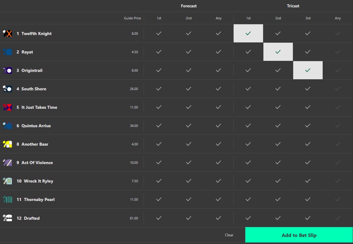 Bet365 Ripon 4pm race tricast bet screen with Twelfth Night to finish 1st, Rayat to finish 2nd & Origintrail to finish 3rd with an option to add the selections to a bet slip