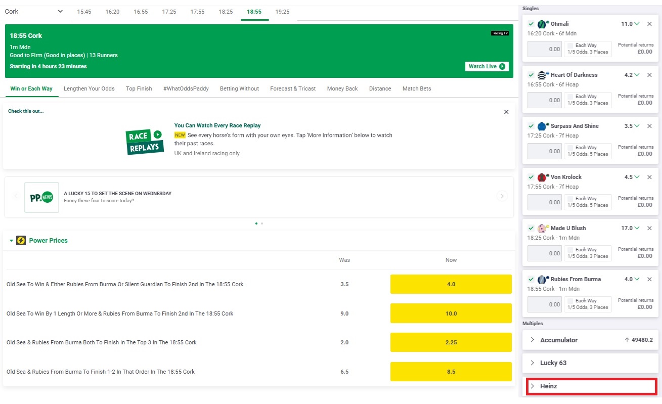 18:55 racecard at cork on Paddy Power with open betslip to the right of the page containing 6 horses that W J Lee is riding. Heinz bet option highlighted