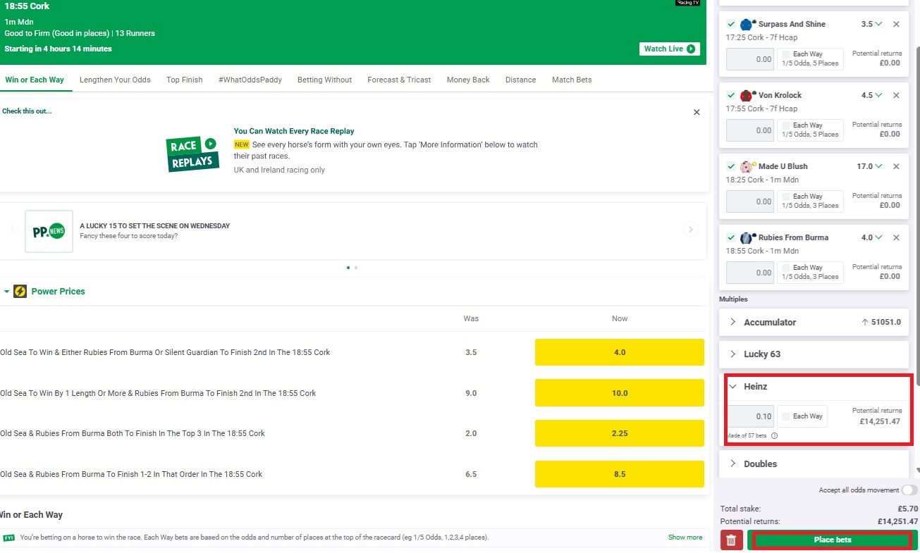  18:55 racecard at cork on Paddy Power with an open betslip to the right of the page has the Heinz bet stake box and place bet sections highlighted