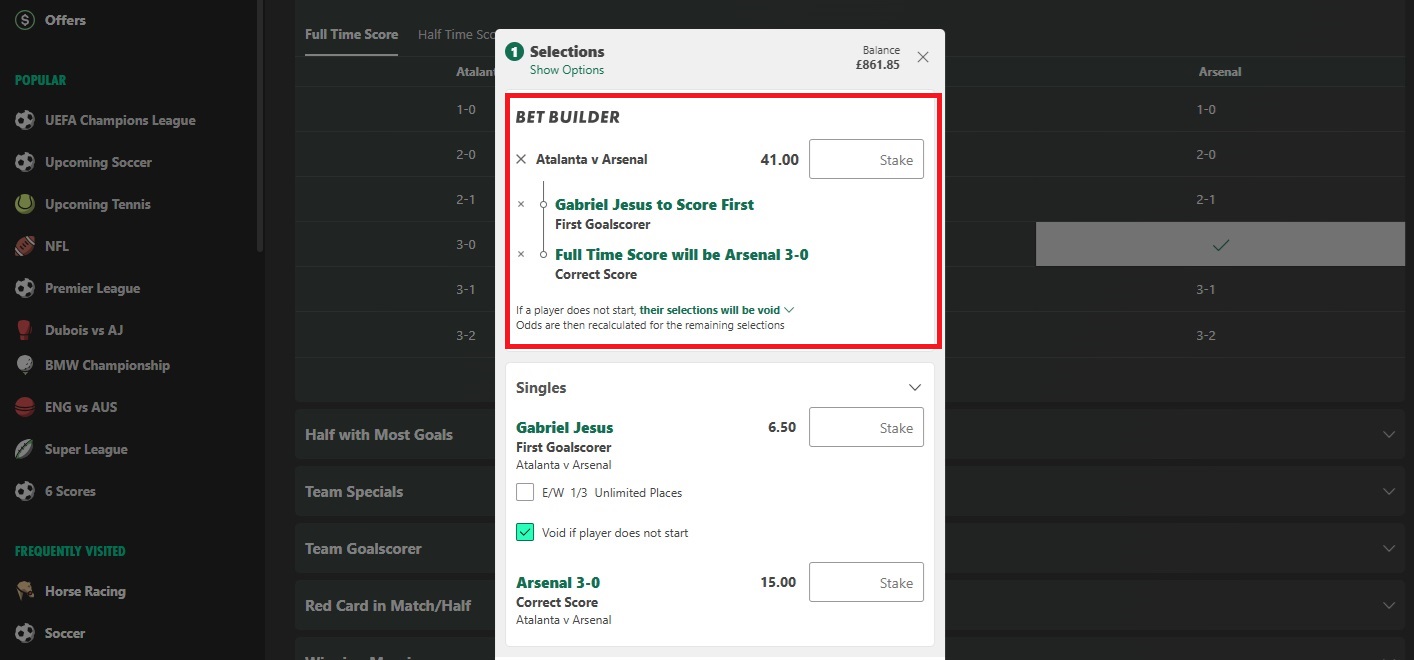 bet365 betslip for atalanta & arsenal with betslip showing Gabriel Jesus to score first & Arsenal to win 3 nil at odds of 41 (40/1)