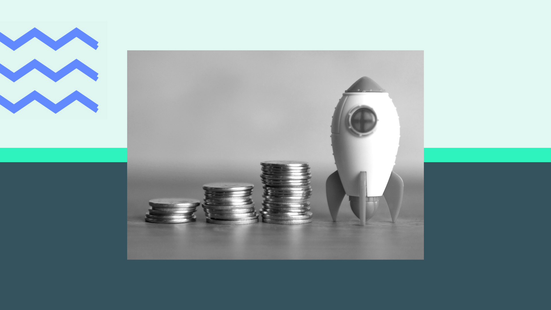 a rising stack of coins next to a figure of a rocket