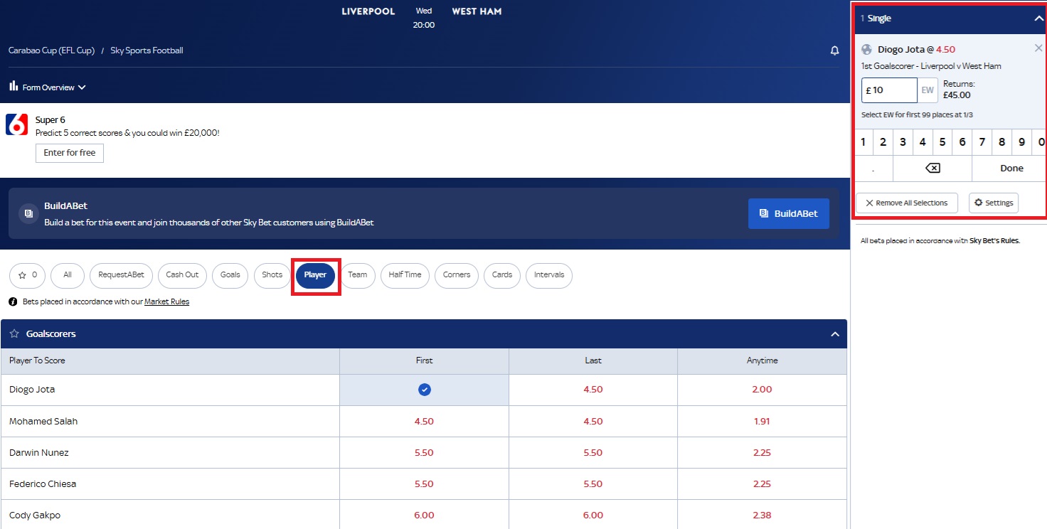 Sky Bet liverpool v west ham betting page with player to score market showing & player tab highlighted. Diogo jota selected as first goalscorer and betslip on page