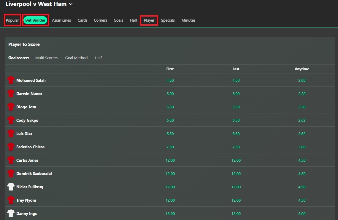 Bet365 liverpool v west ham betting page with player to score market showing & popular, bet builder & player tabs highlighted