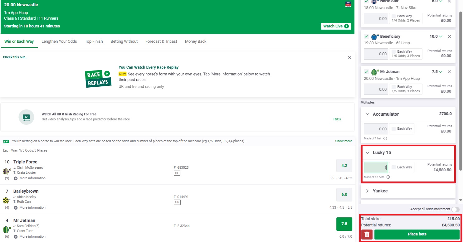  paddypower bet slip with 4 horses showing and the lucky 15 box highlighted with a £1 stake entered. Shows returns of £4580.50