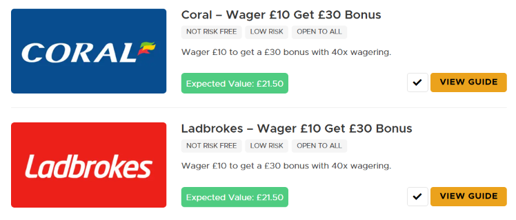 Outplayed's casino offers section with Coral and Ladbrokes casino welcome offer details