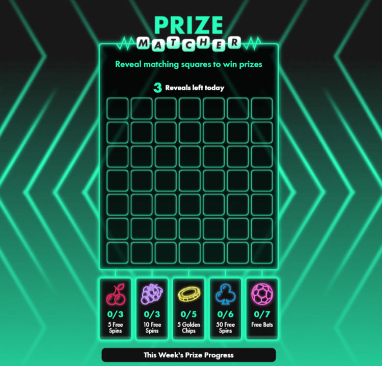 Bet365's prize matcher, a 7x7 grid that allows you to reveal 3 squares per day. Matching symbols earn prizes