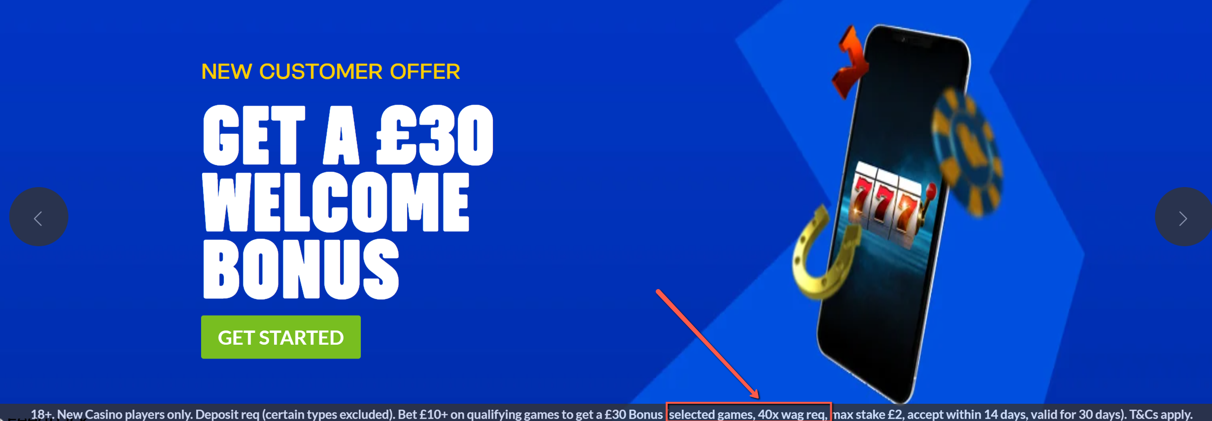 Screenshot of Coral casino signup offer of a £30 welcome bonus