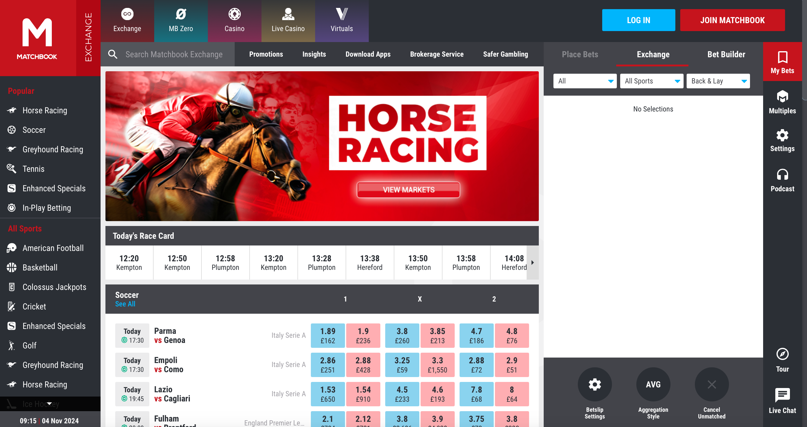 Matchbook homepage, showing horse racing and soccer markets, as well as betslip on the right hand side