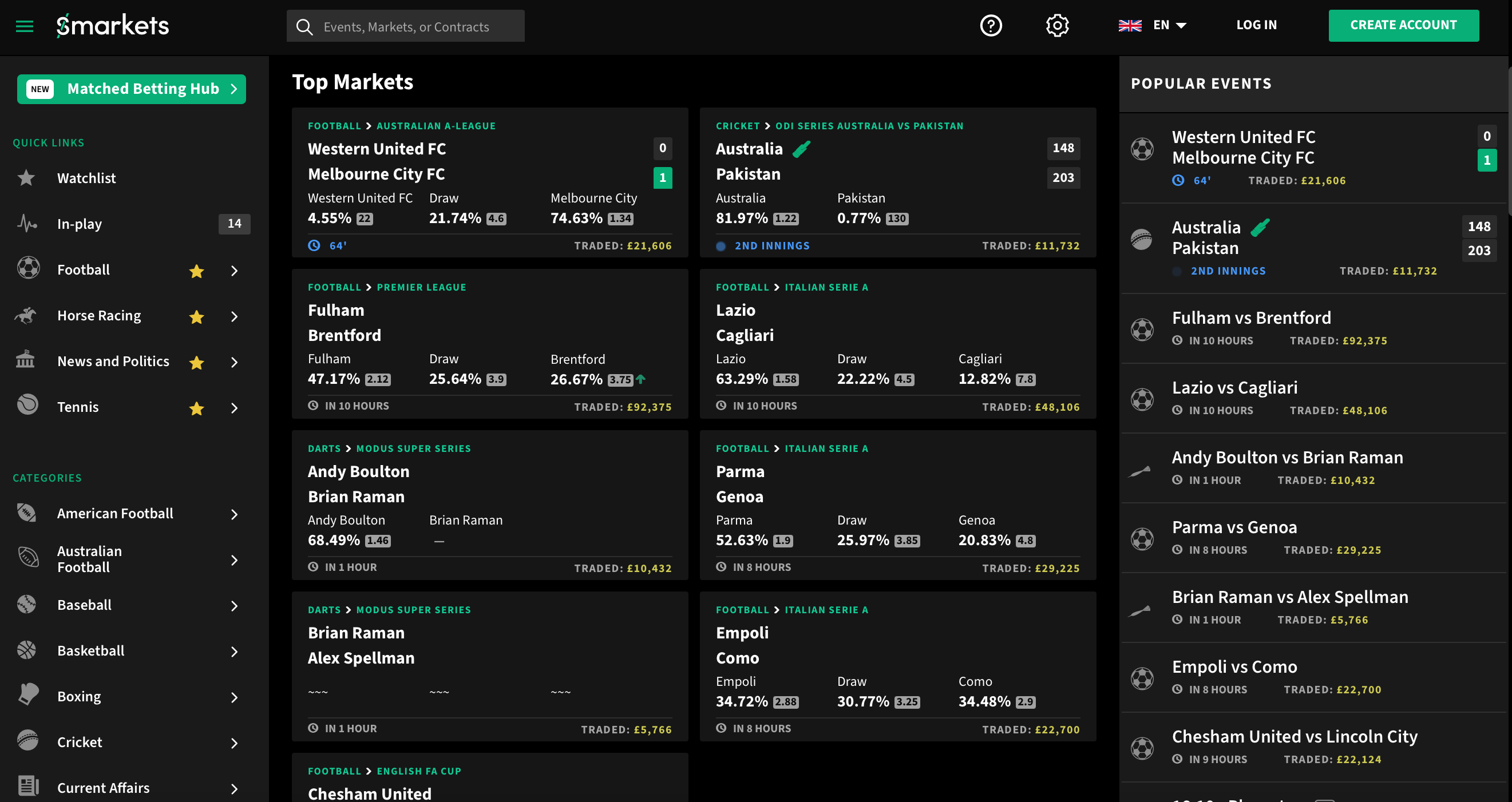 Smarkets homepage, showing their top markets sections, with popular events on the right hand side