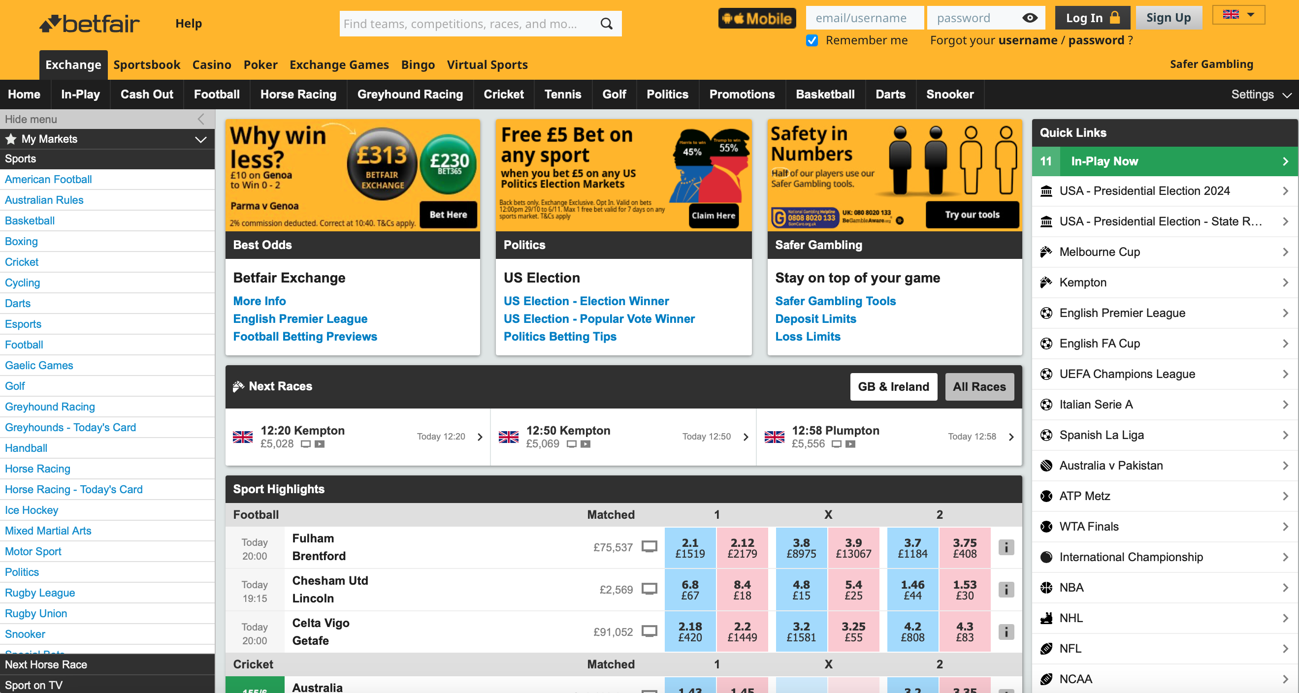 Betfair exchange homepage, showing promotions, horse racing and football sports markets 