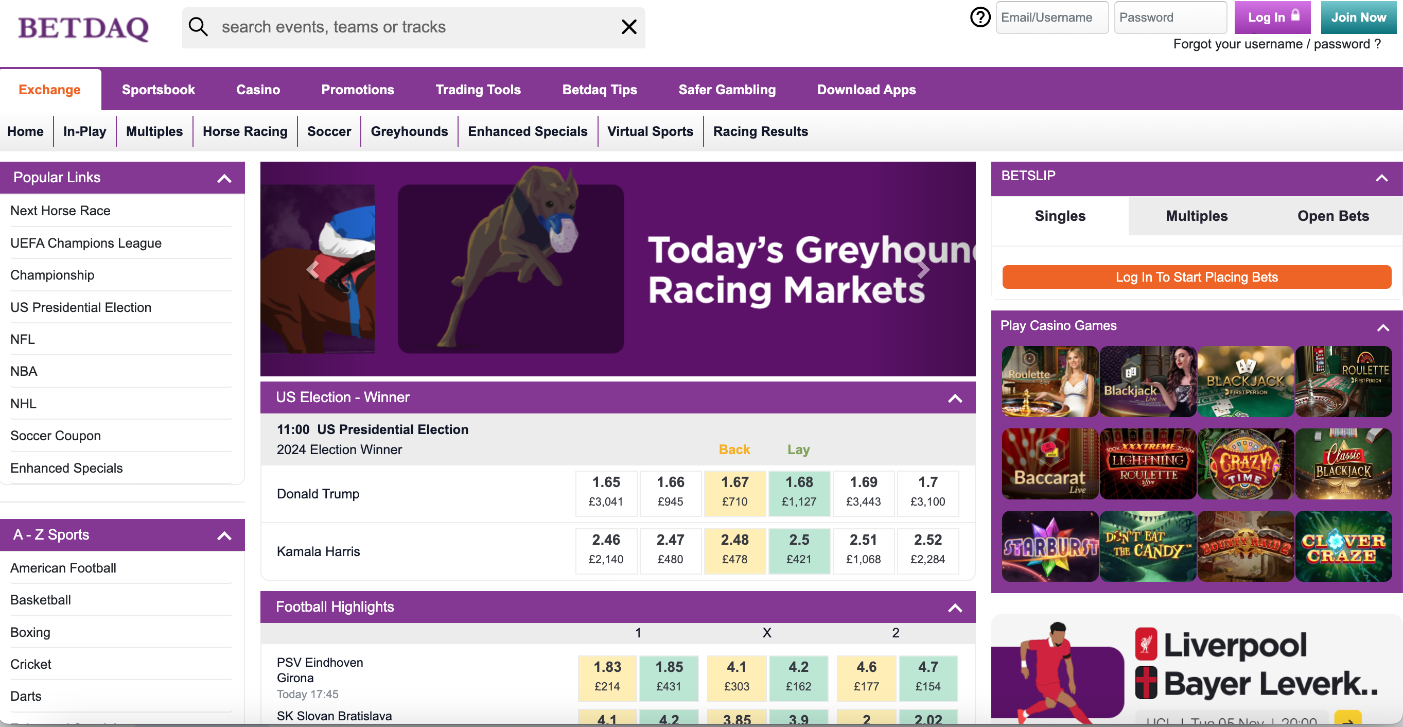 Betdaq homepage, showing greyhound racing, US election market, football highlights and the betslip on the right hand side