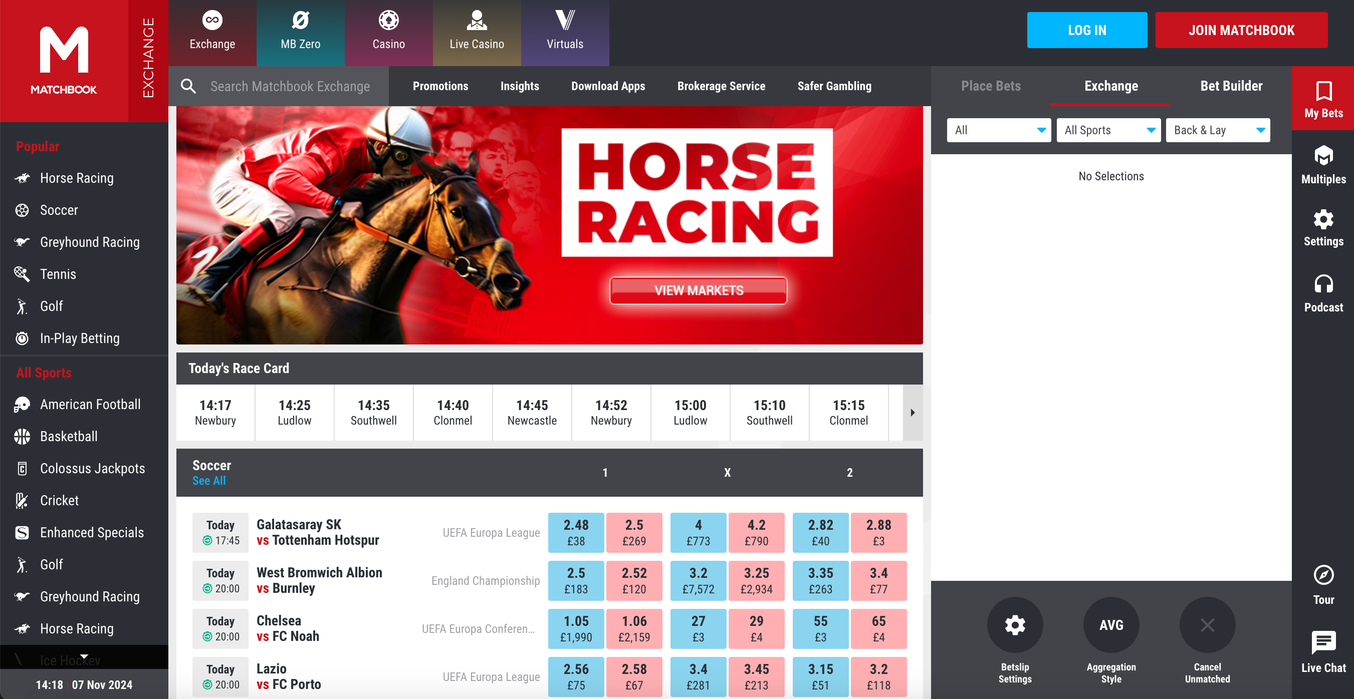 Matchbook's homepage, featuring horse racing and soccer prominently, with bet slip on the right and list of sports on the left