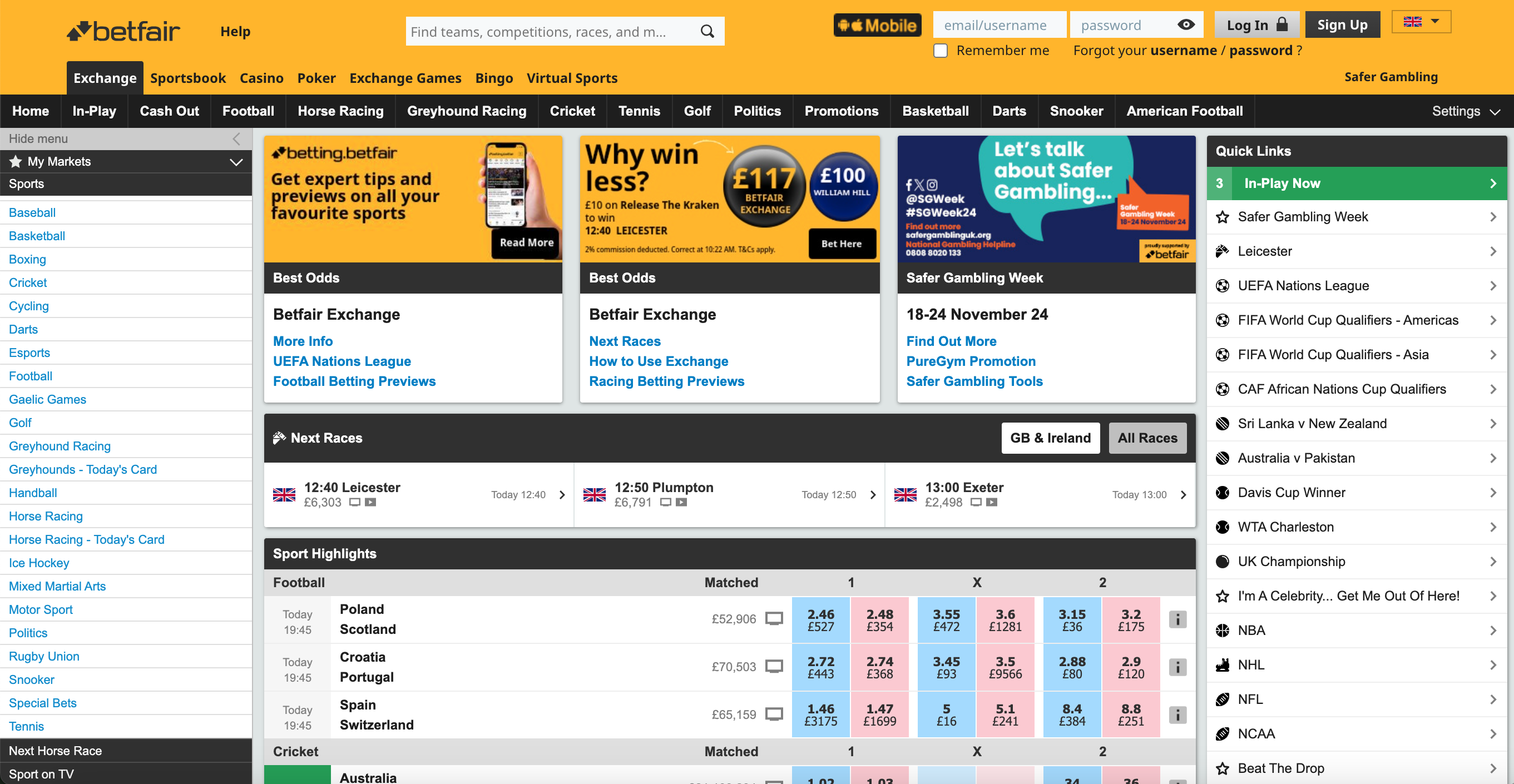 Betfair's Exchange homepage, with promotions and main markets centrally, sports markets on the left and quick links on the right