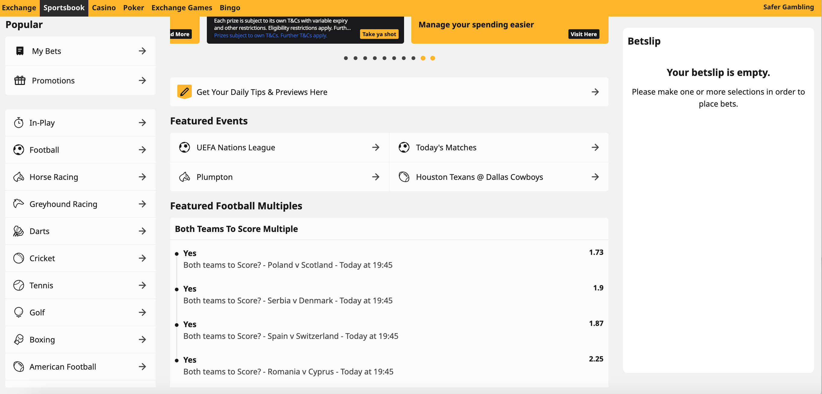 Betfair's sportsbook homepage, with featured events centrally, popular sports markets on the left and your betslip on the right