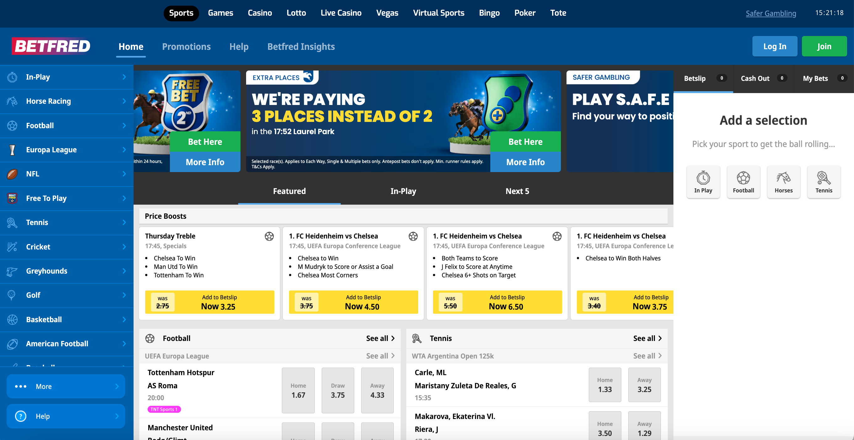 Betfred's homepage, with offers and featured markets centrally, a list of sports to the left, and your betslip to the right