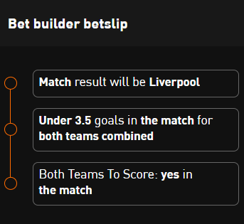 Bet Builder Betslip showing combinations of Liverpool to win, under 3.5 goals and both teams to score