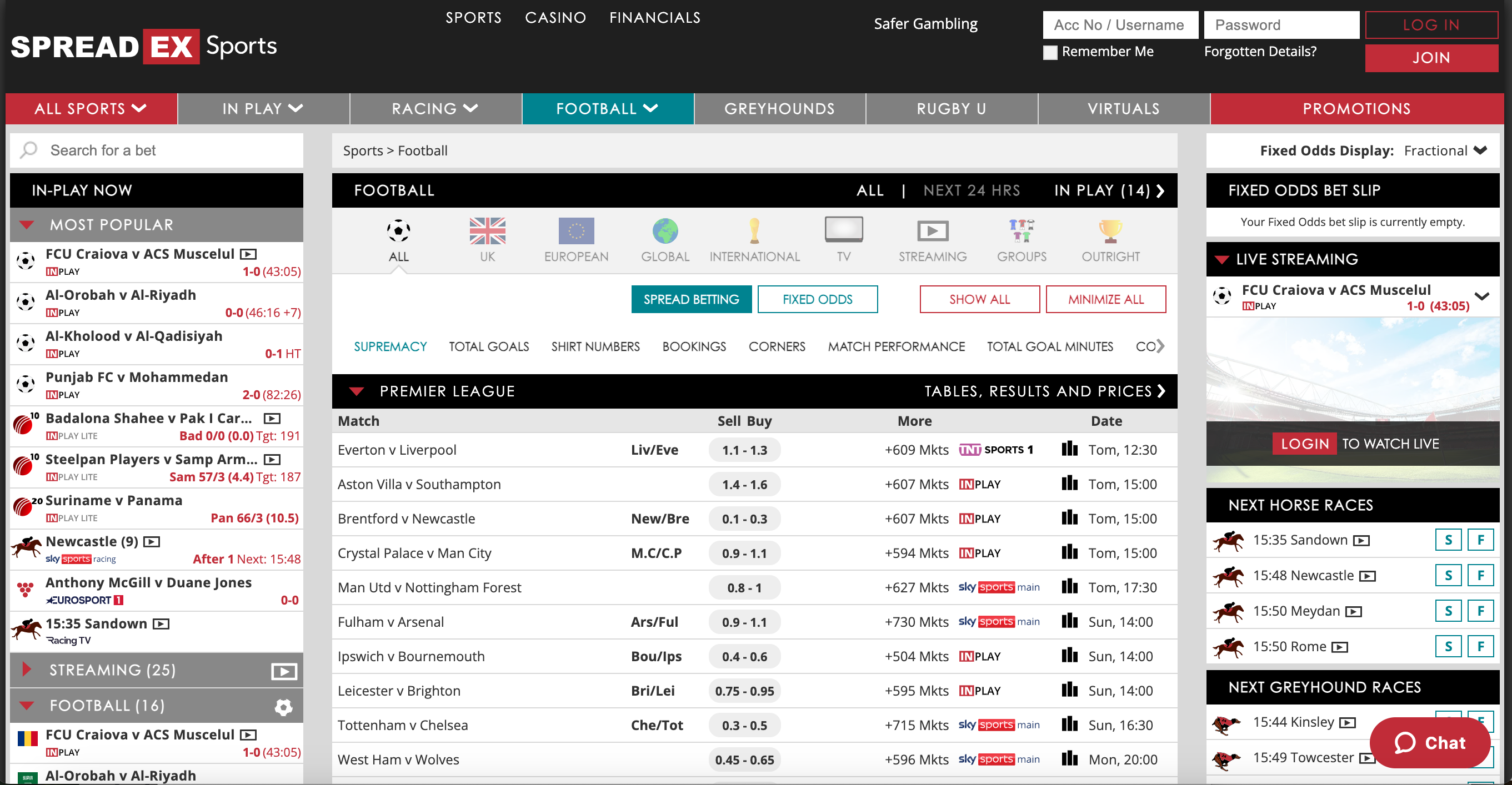 Spreadex's homepage, showing football spread betting markets prominently, and a black and red theme