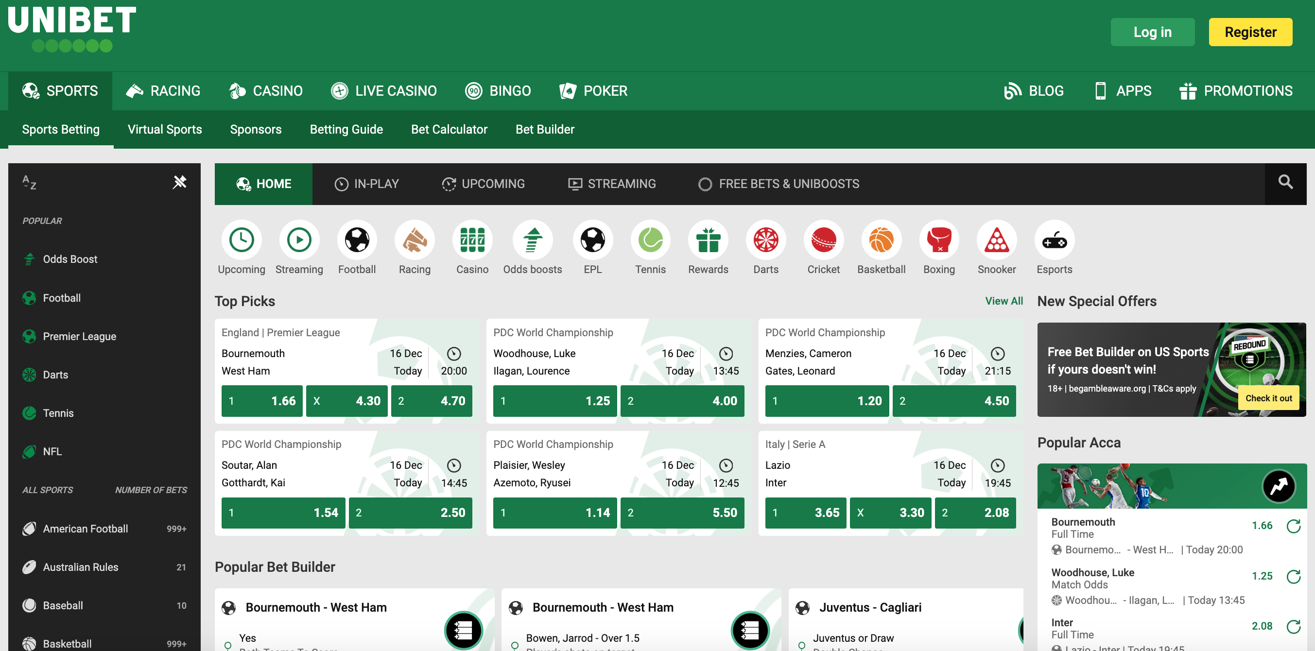 UniBet homepage afbeelding