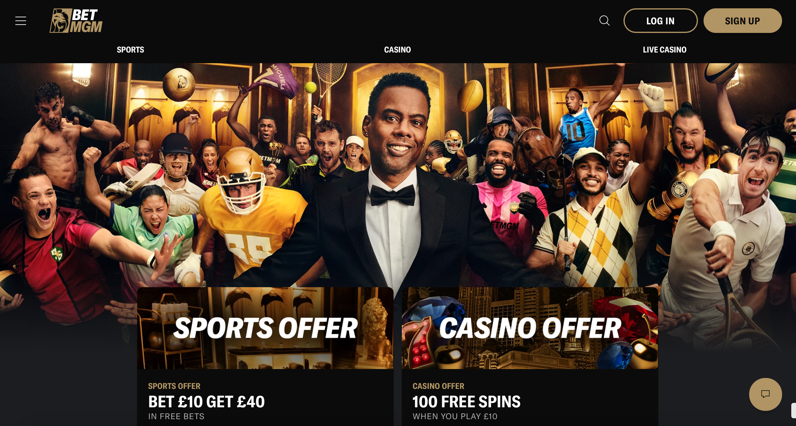 BetMGM's homepage, with its main image showing Chris Rock and a large number of sports stars in a black and gold casino, with sports and casino welcome offers shown below