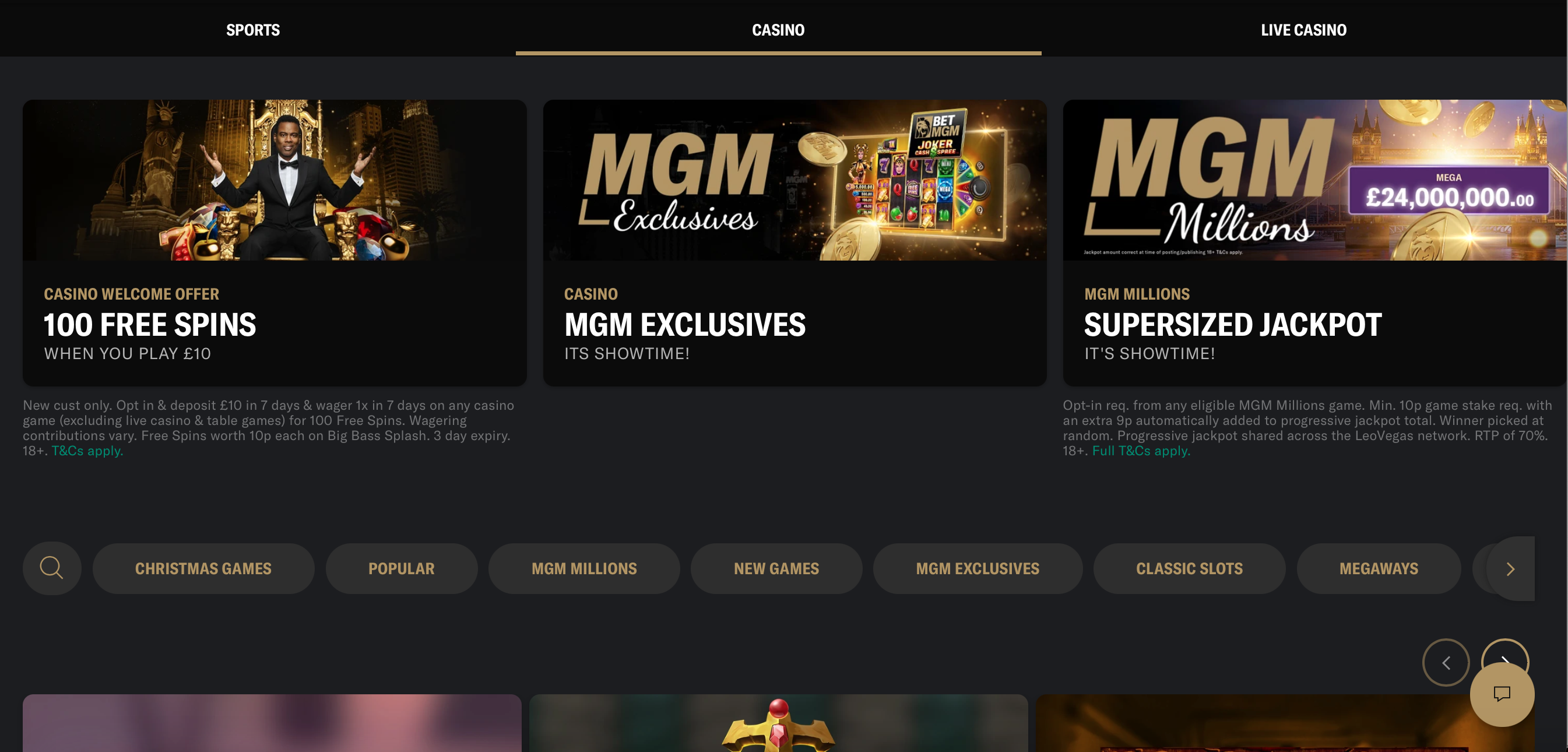 BetMGM's casino section, with promotions at the top of the page and highlighted games shown below