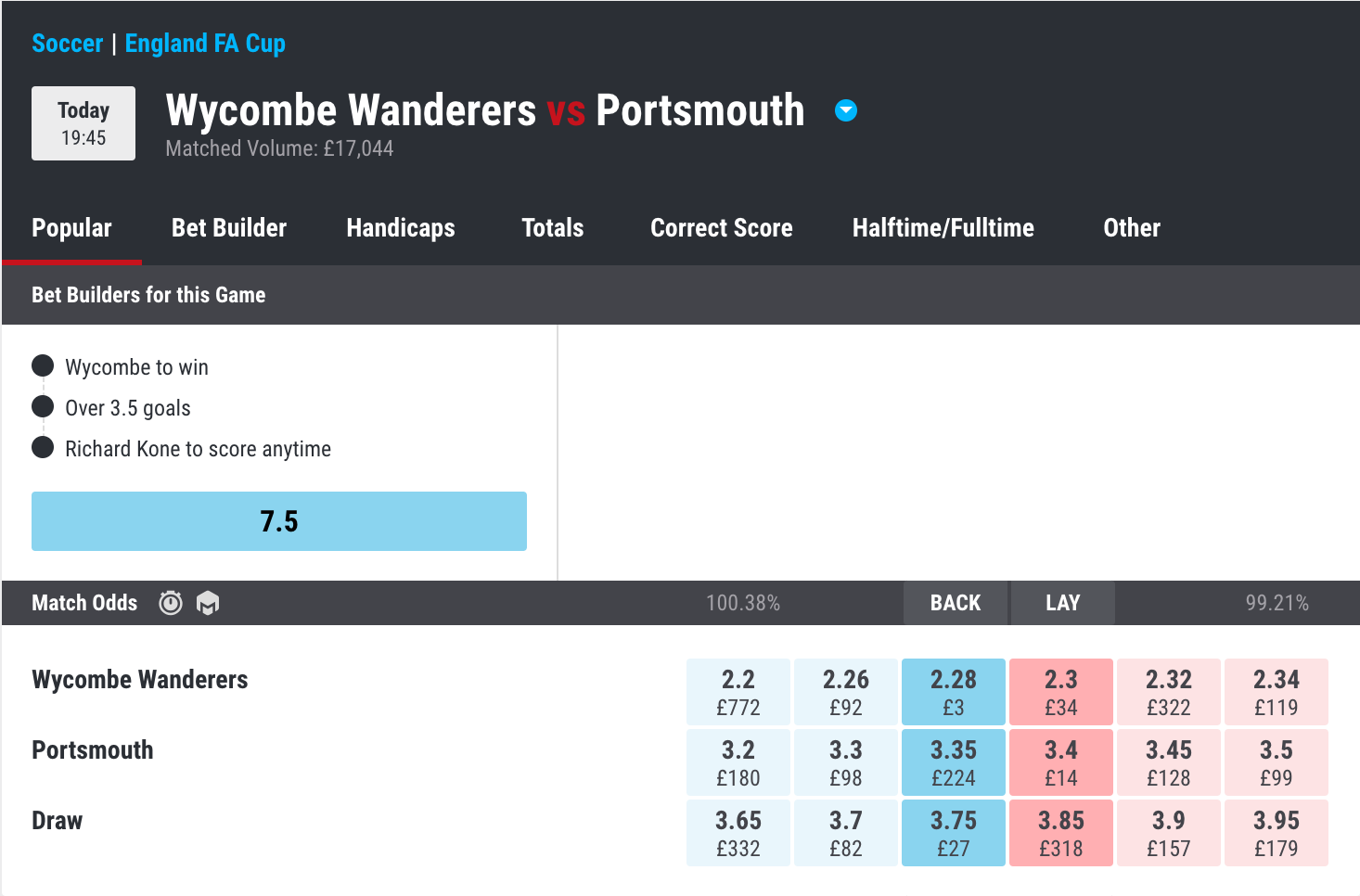 Wycome Wanderers vs Portsmouth match on matchbook. Lay odds are Wycombe - 2.3, Portsmouth - 3.4, Draw - 3.85