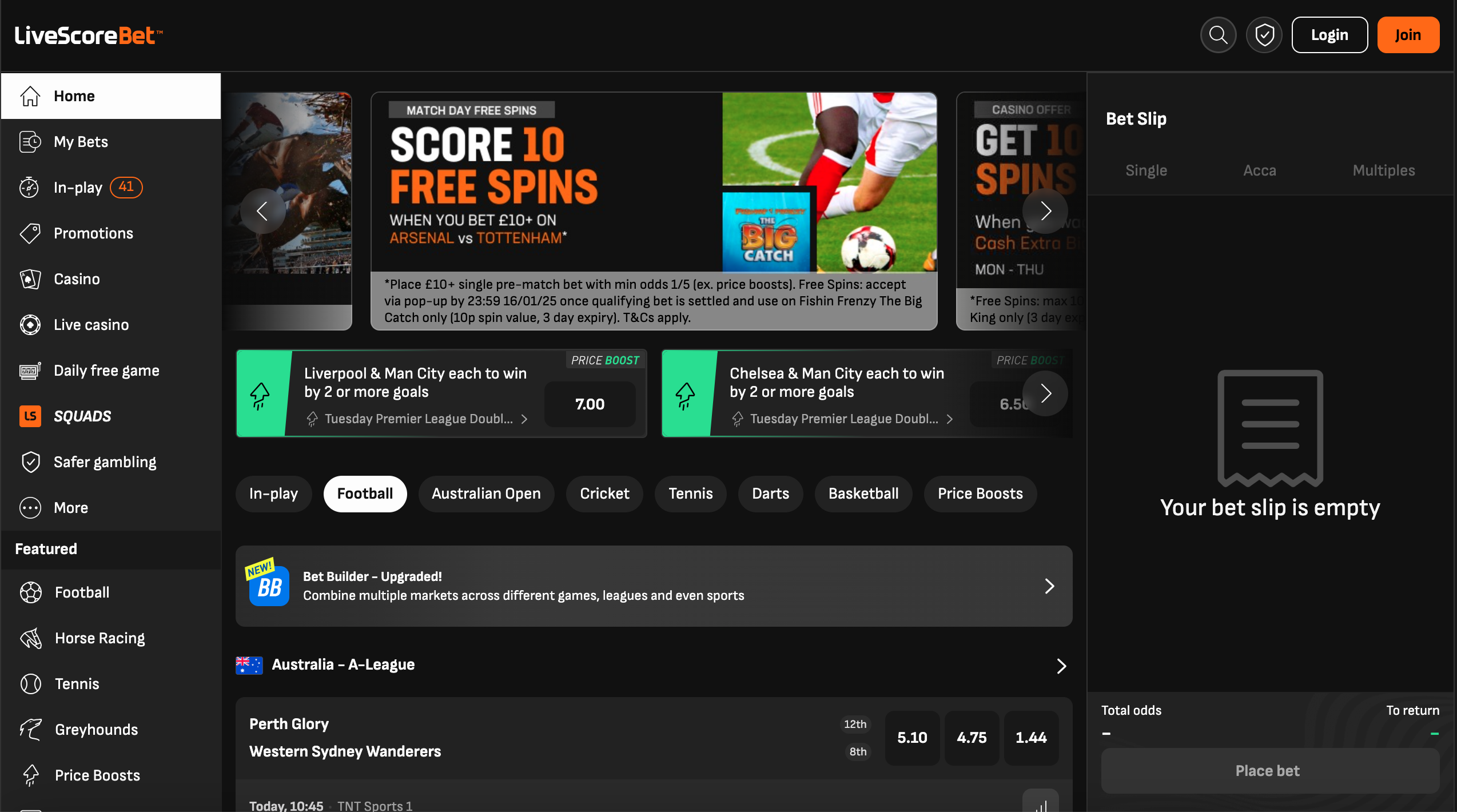 Livescore Bet homepage, with promotions and featured markets centrally, the main menu on the left and your betslip on the right