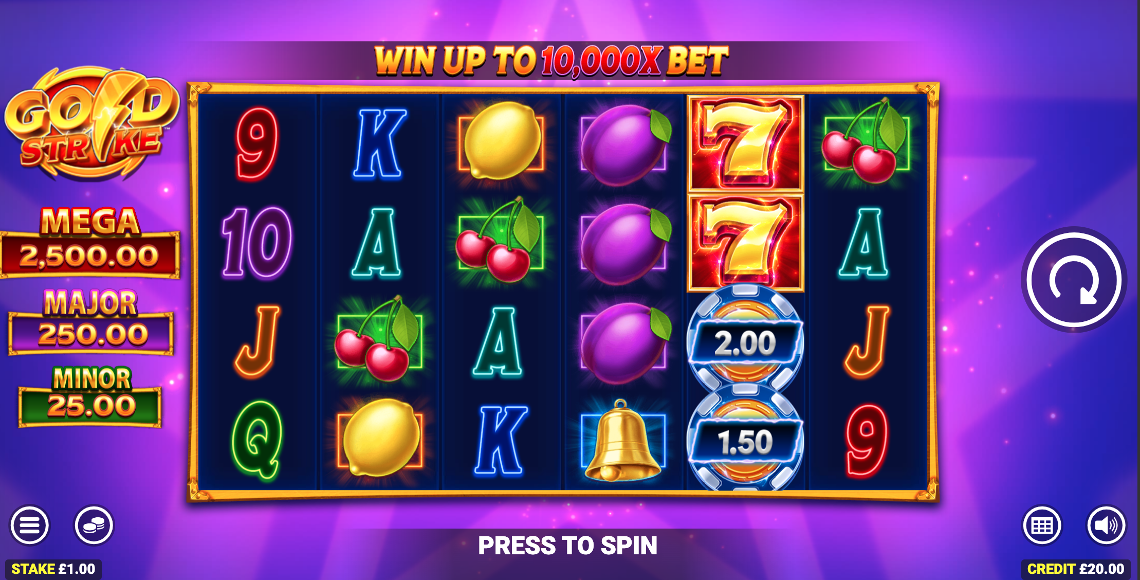 Gold Strike slots game - which features 6 reels with a mix up fruit symbols, letters, numbers and coins