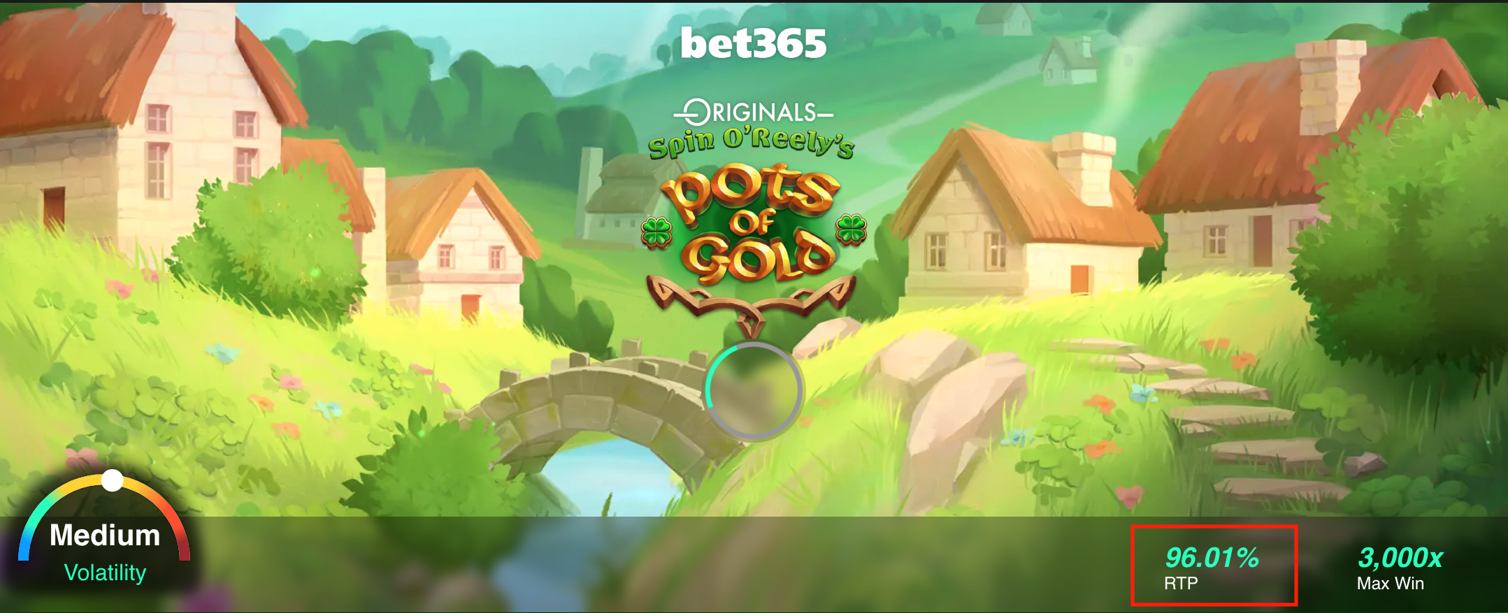 Spin O'Reely's Pots of Gold slots game loading page, showing RTP of 96.01% on the bottom right