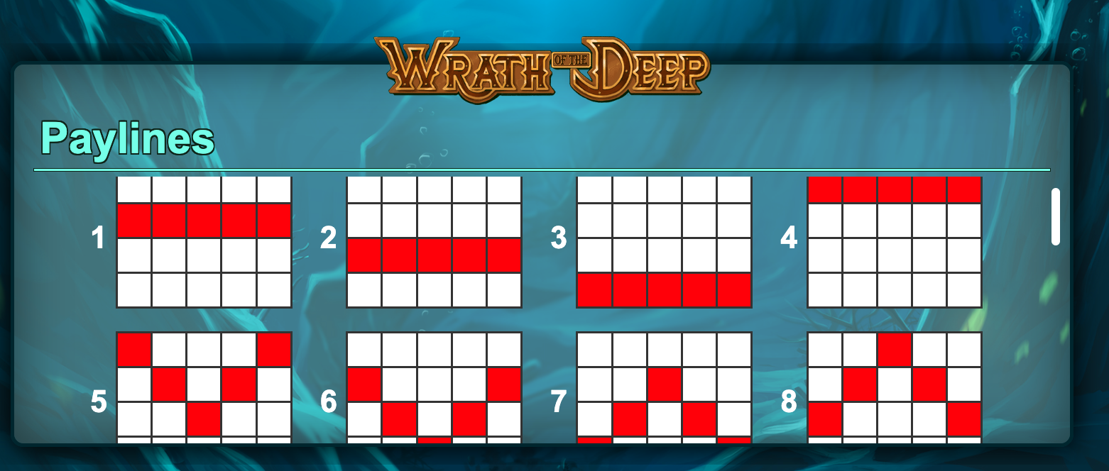 Paylines information for the 'Wrath Deep' slots game, showing the positions matching symbols must be in to award a win