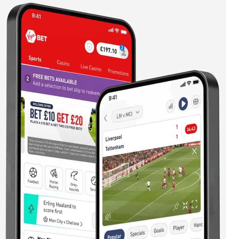 image of 2 mobile phone screens showing the virgin bet app