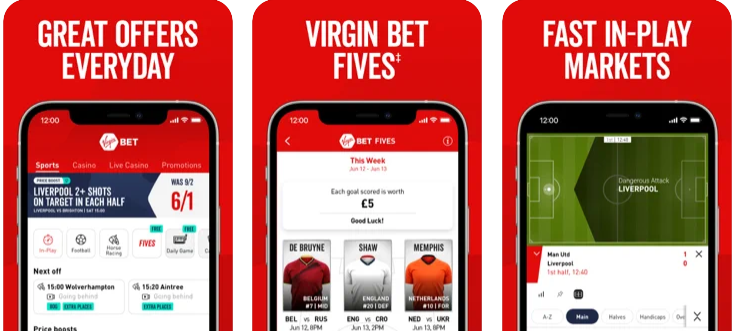 3 screenshots of the virgin bet app