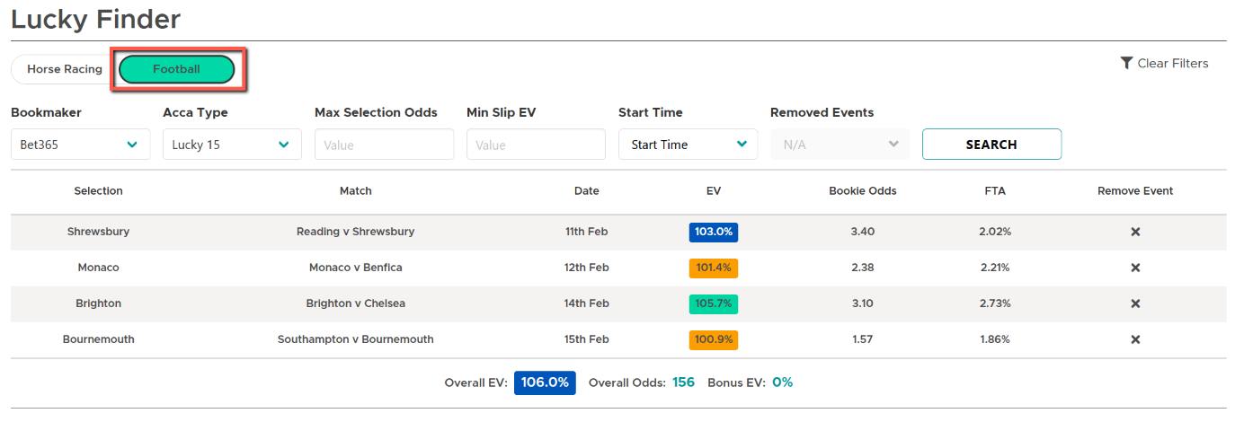 Screenshot of lucky finder interface with football option selected and highlighted