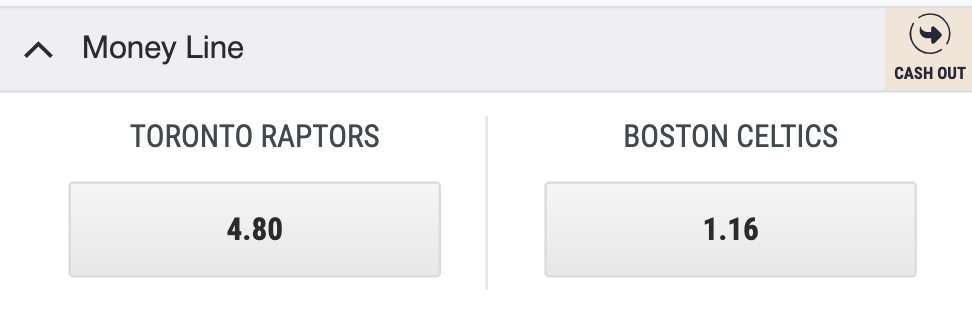 Moneyline bet market for a basketball game, showing odds of 4.8 for the Toronto Raptors and 1.16 for the Boston Celtics