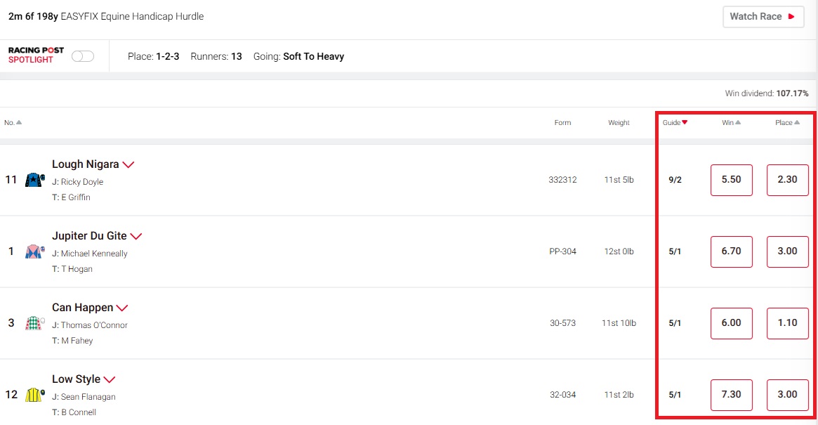  screenshot of the tote win/place market for the thurles 4.38 race