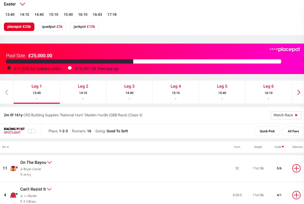 screenshot of a tote placepot meeting at exeter races with a prizepot of £25k