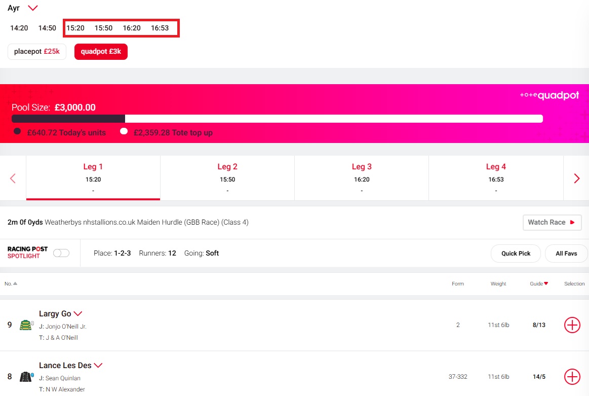 screenshot of a tote quadpot meeting at ayr races with a prizepot of £3,000. 