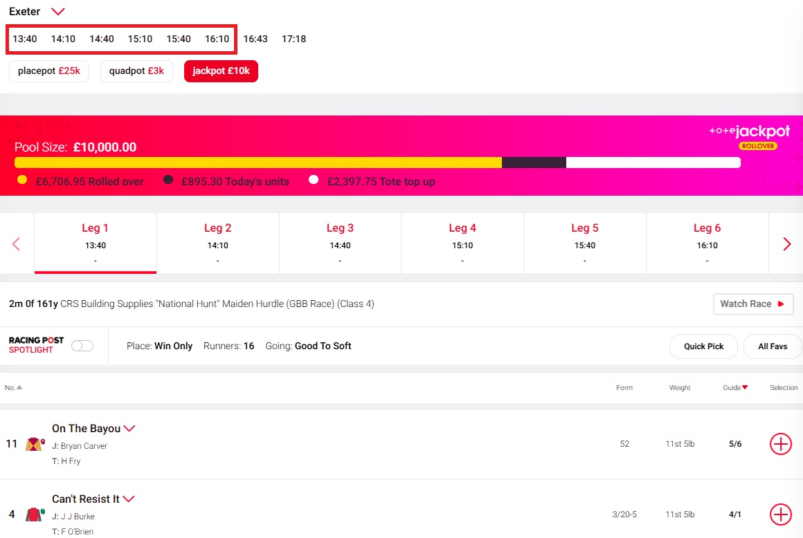screenshot of a tote jackpot meeting at exeter races with a prizepot of £10k 